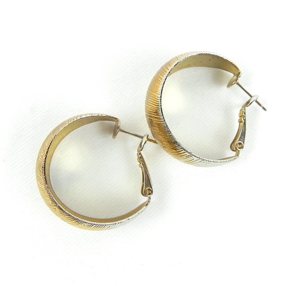 80s Golden Earrings | Gold Tone & Silver Metal Wide Hoop Earrings - Picture 5 of 7